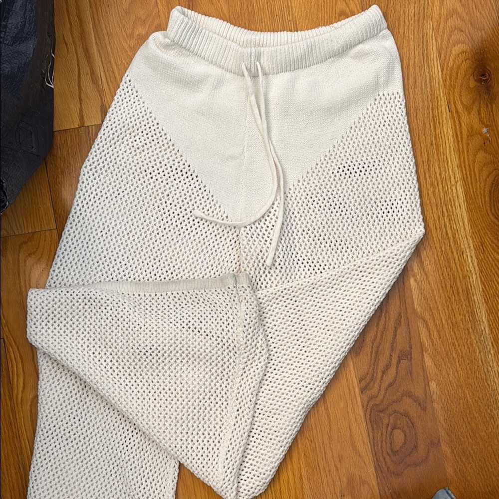 Cream Knit Wide-Leg Drawstring Pants